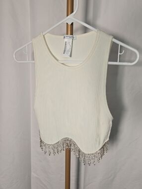 Zara Ivory Ribbed Tank with Crystal Fringe